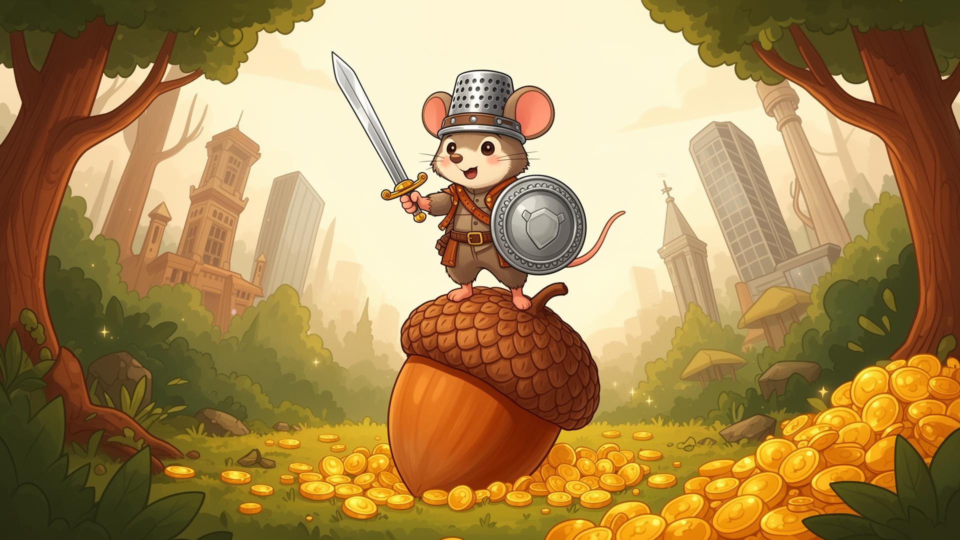 Rato herói com capacete de dedal segurando uma espada de agulha sobre uma noz gigante